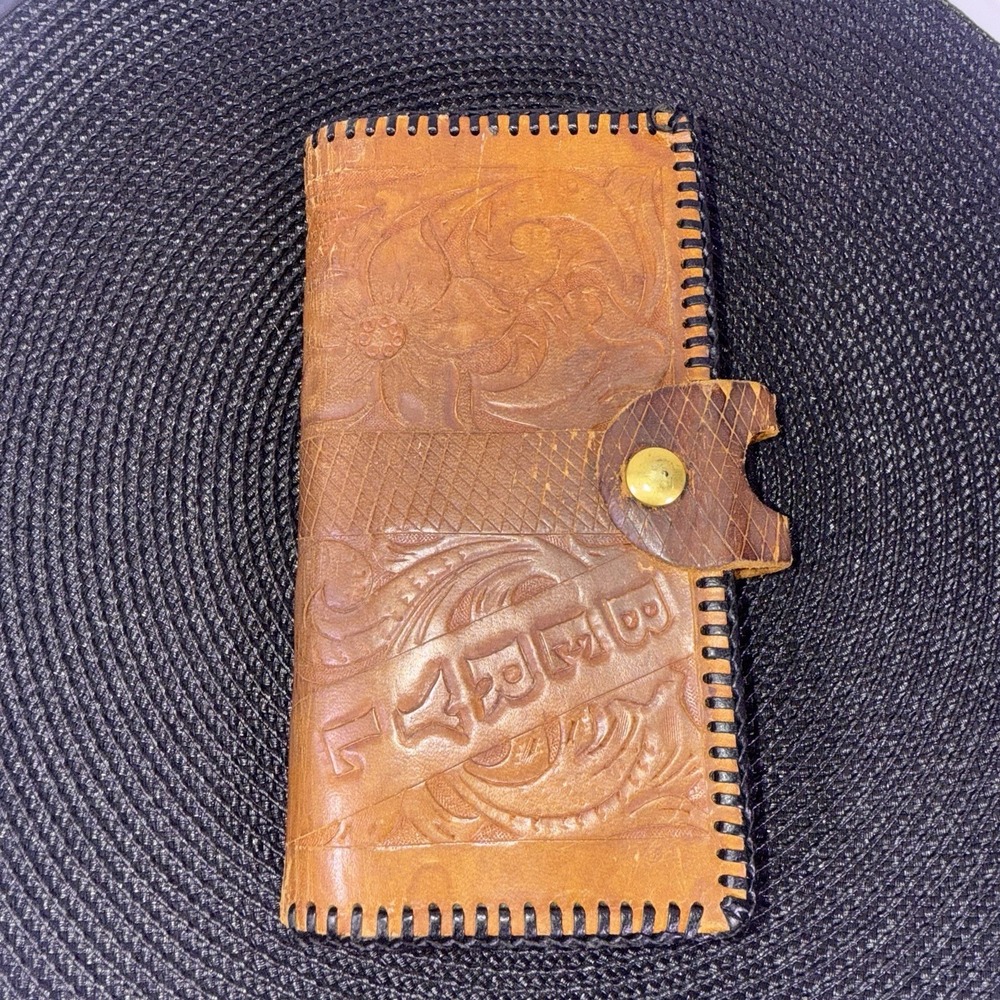 Vintage Handmade Tooled Leather Large Wallet With Kiss‎ Clasp Change Purse Beryl